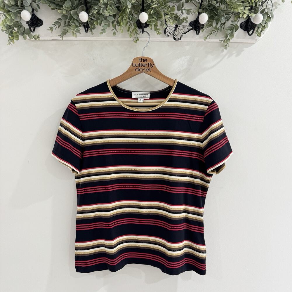 St. John Sport Black Red Gold Striped Jersey Stretch Blouse Medium Gold Studded